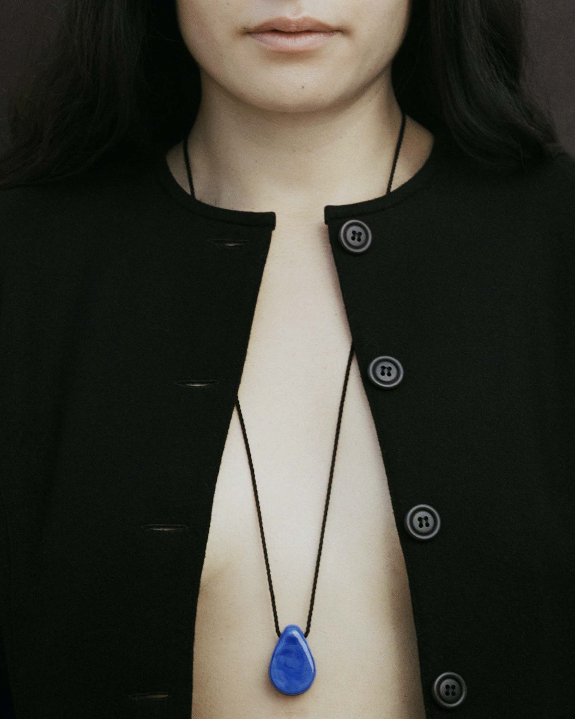 Tiana Marie Combes Rein Pendant in Lapis Glass on Black Silk.